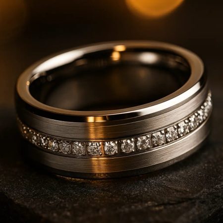silver ring with diamond accents on a dark background