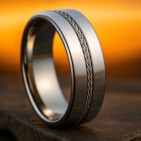 Alt Text: Silver ring with intricate weave design on a textured surface with an orange gradient background