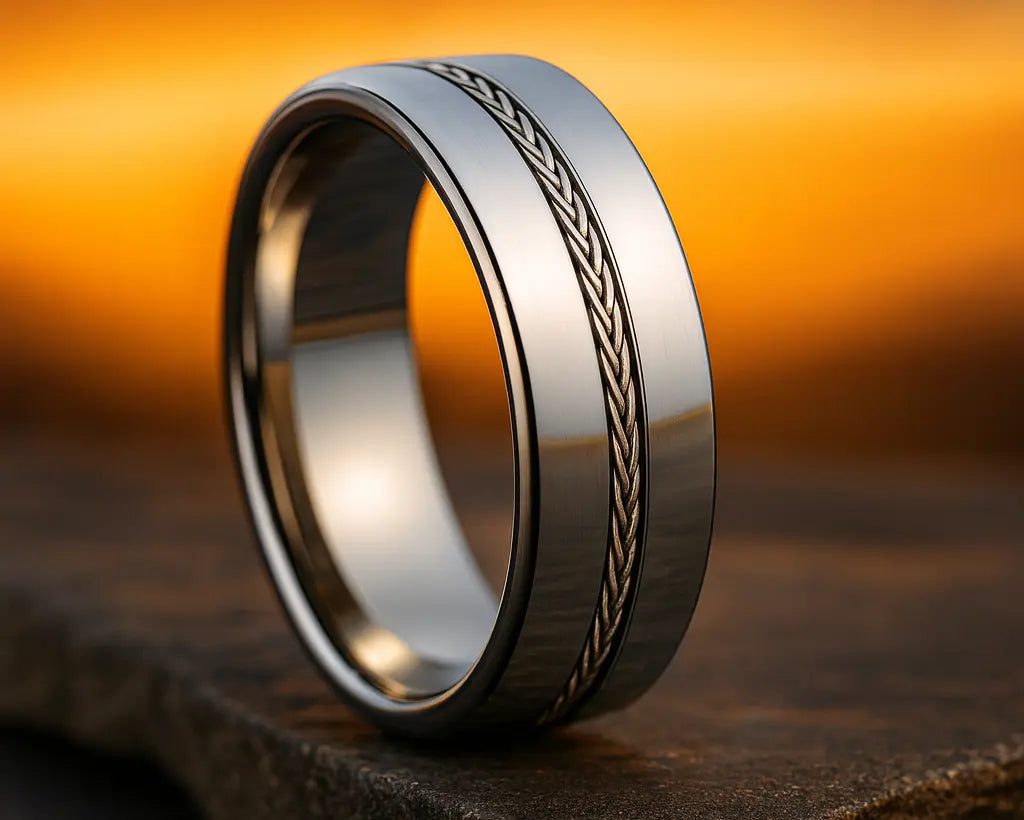 Alt Text: Silver ring with intricate weave design on a textured surface with an orange gradient background
