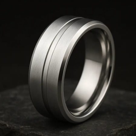 Silver ring with grooves on a dark stone surface