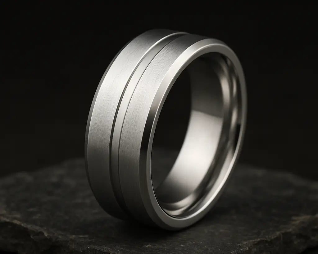 Silver ring with grooves on a dark stone surface