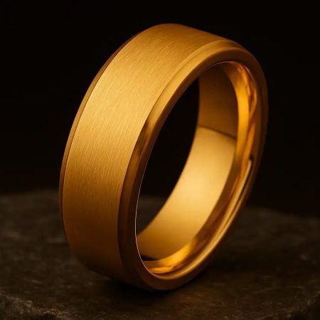 Gold ring on a dark stone surface with a black background