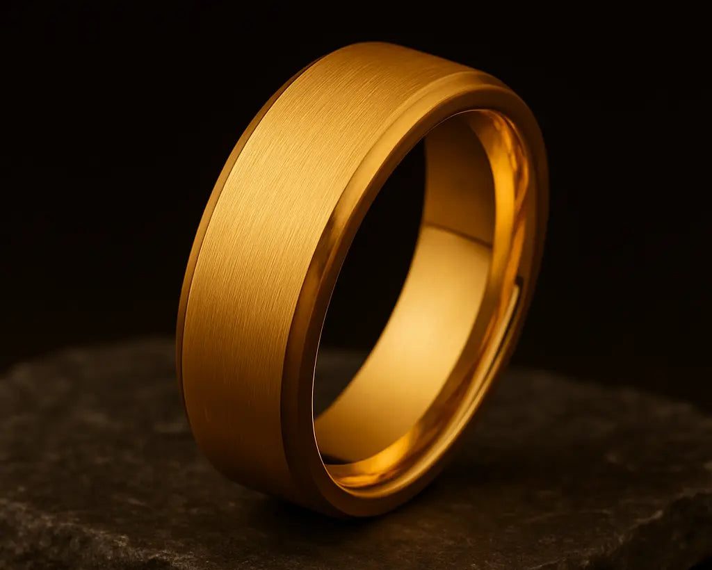 Gold ring on a dark stone surface with a black background
