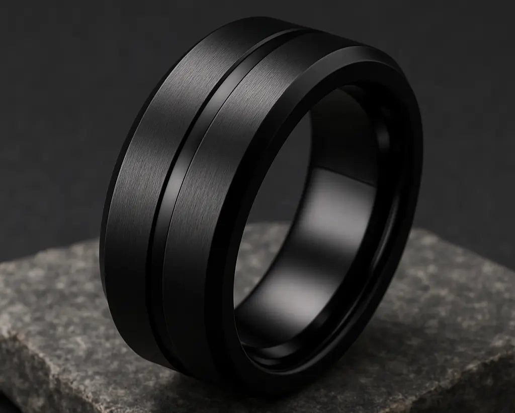 Black ring with grooves on a dark stone surface