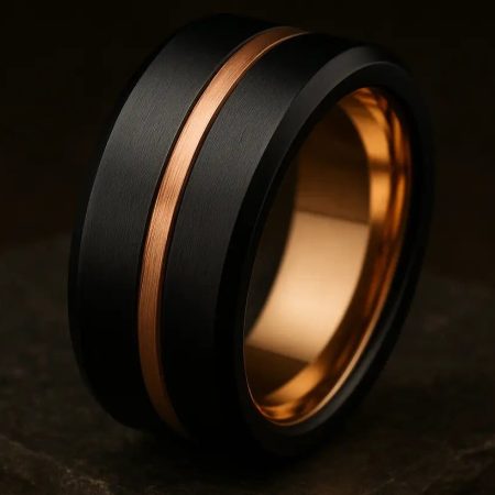 Black and rose gold ring on a dark background