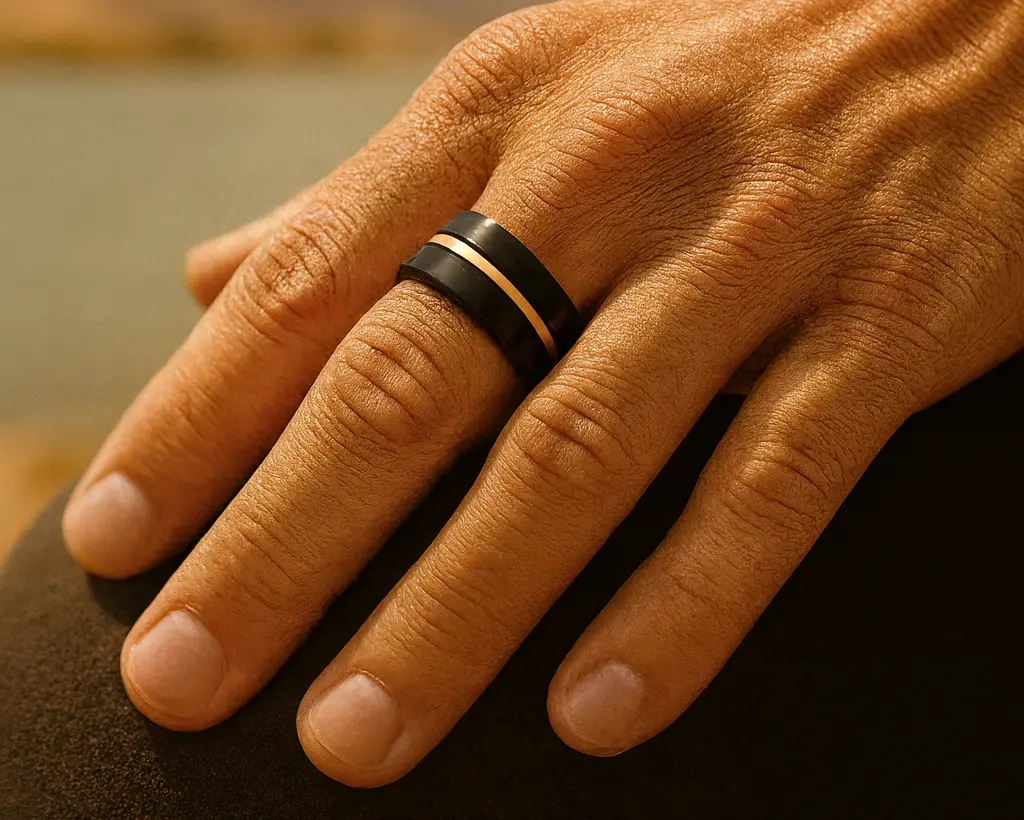 Close-up of a hand wearing a stylish ring with a black and gold design.