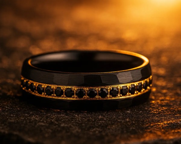 Black ring with decorative band on a textured stone surface