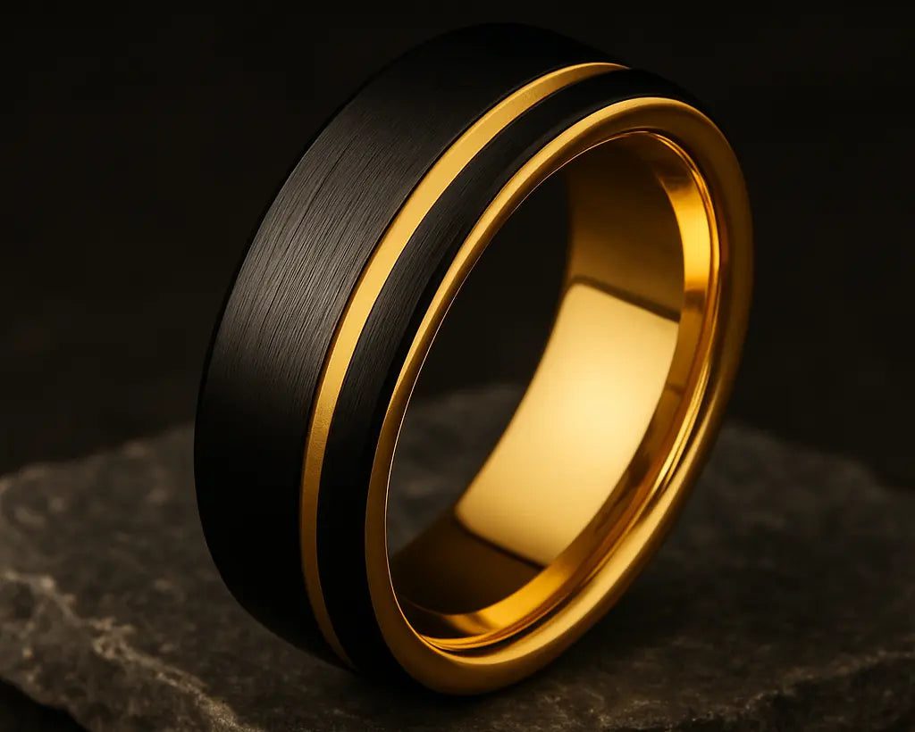 Gold and black ring on a dark stone surface