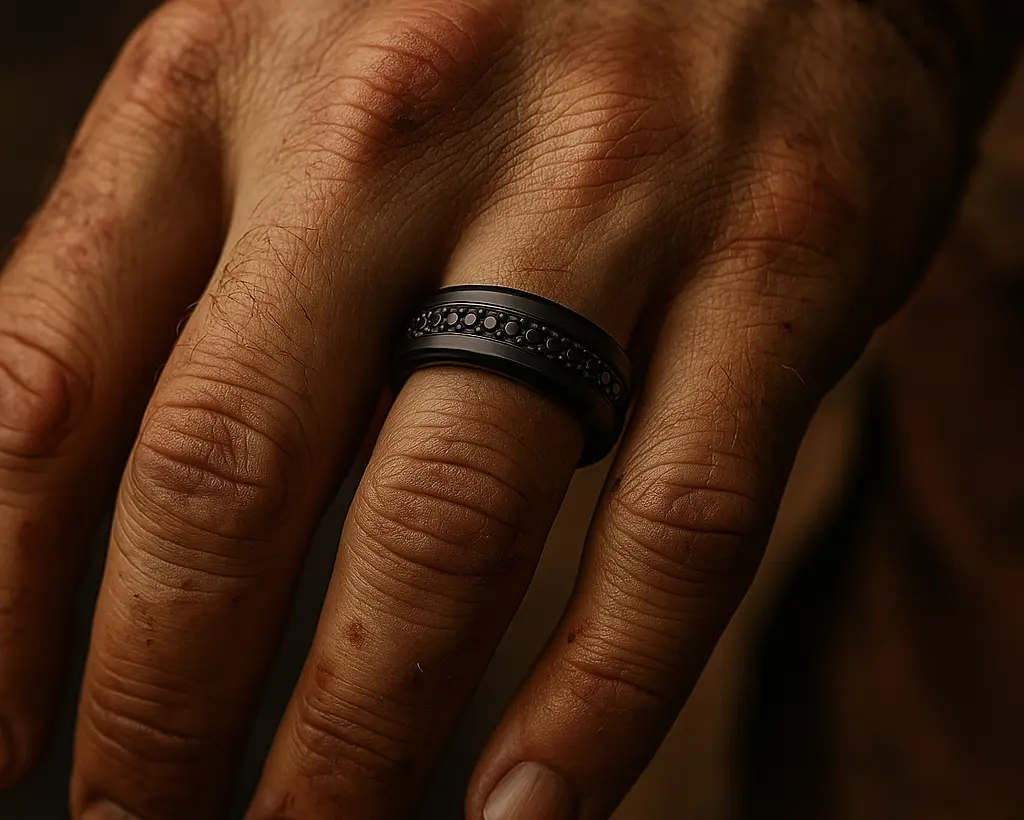 Close-up of a hand wearing a black ring with intricate design on a dark background
