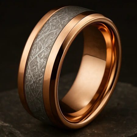 Rose gold ring with meteorite inlay textured band on a dark background