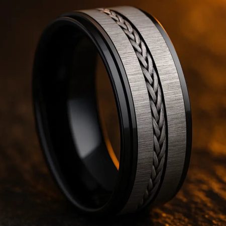 Black and silver ring with braided design on a dark background